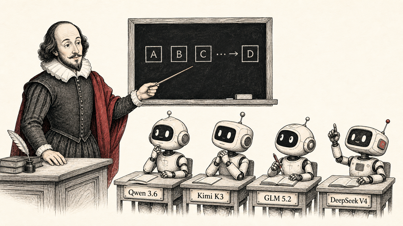 William Shakespeare teaching four tiny robot students labelled Qwen, Kimi, GLM, and DeepSeek V4.